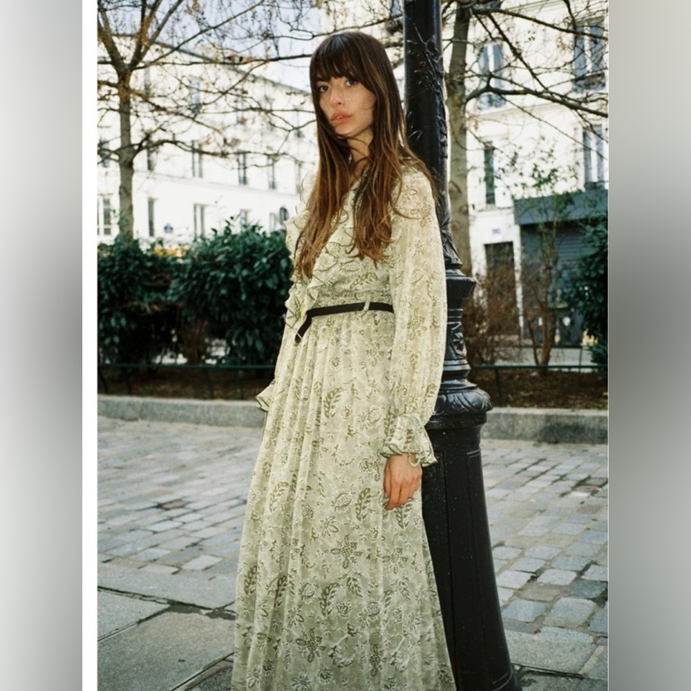 Zara Long Sleeve Maxi Dress in Pale Green Lace Print